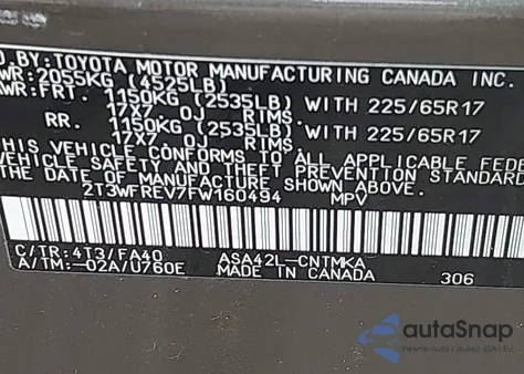 2015 Toyota Rav4 Xle из США, поврежденный, VIN 2T3WFREV7FW160494